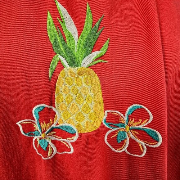 70s Blair Red Cotton Smock Dress Pineapple Embroider Hand Pockets Short Sleeve M - Picture 2 of 7